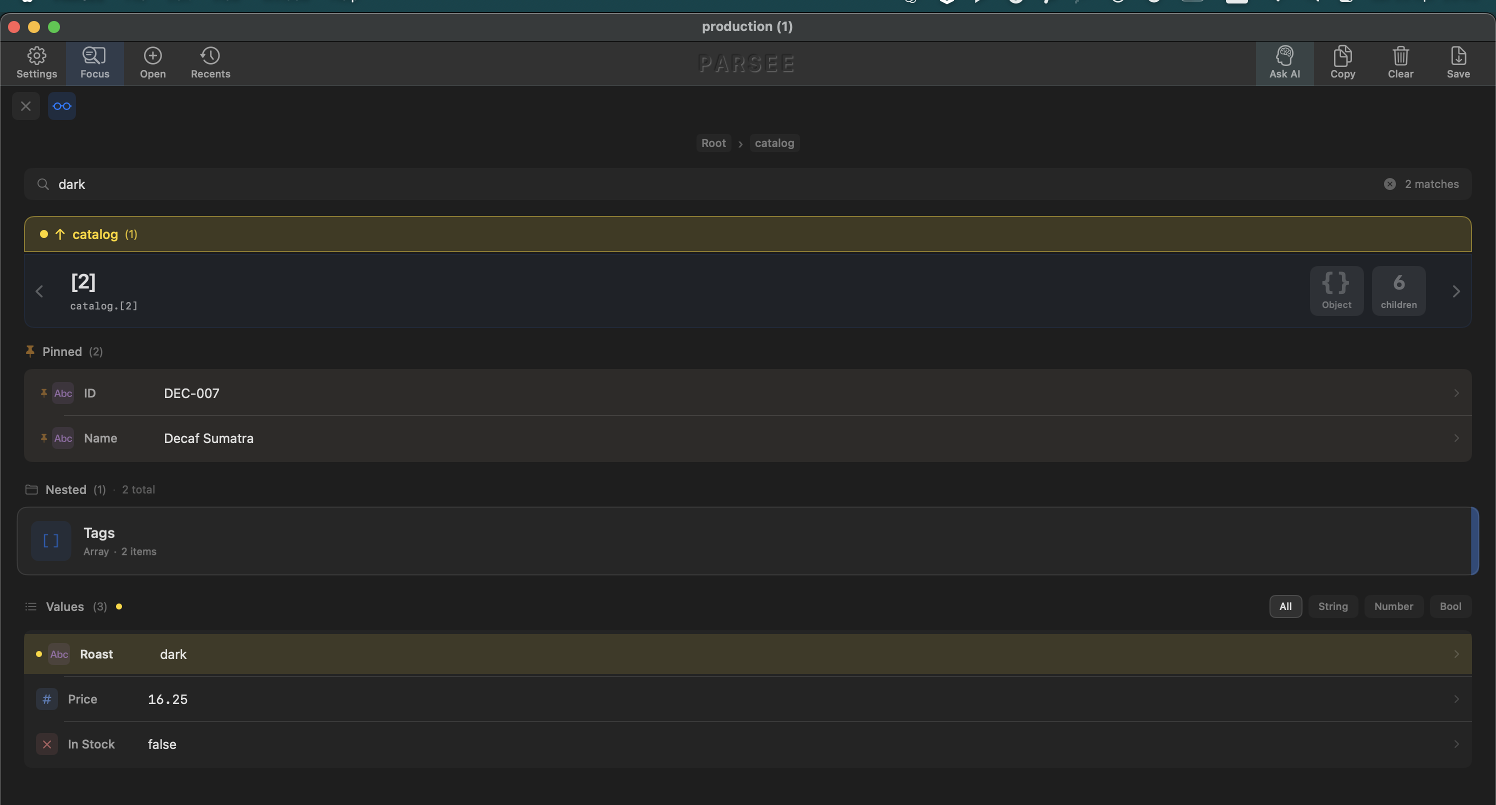 Parsee in Focus Mode on a single catalog item with type icons and inline structure visible