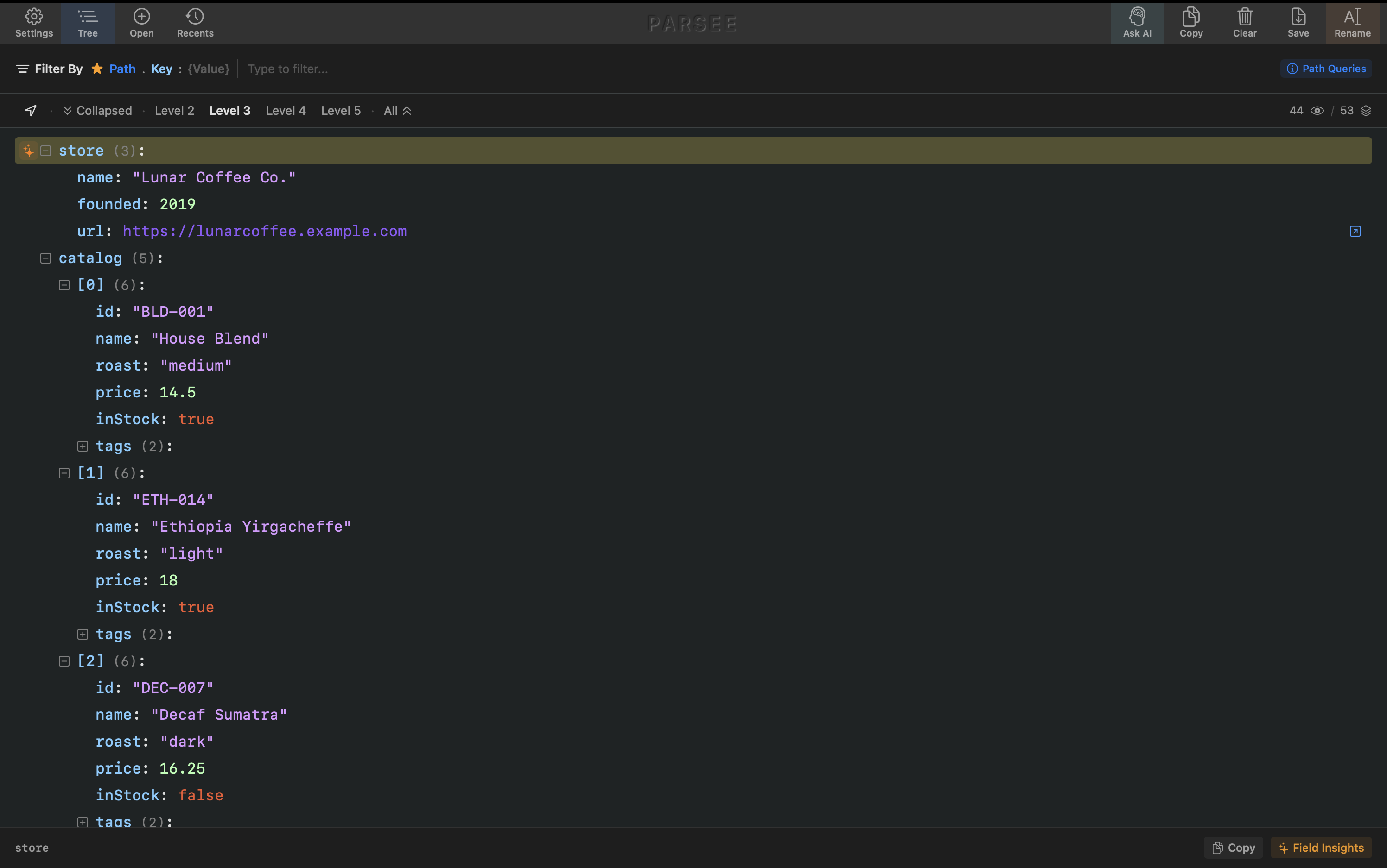 Parsee showing a JSON tree view of coffee shop data