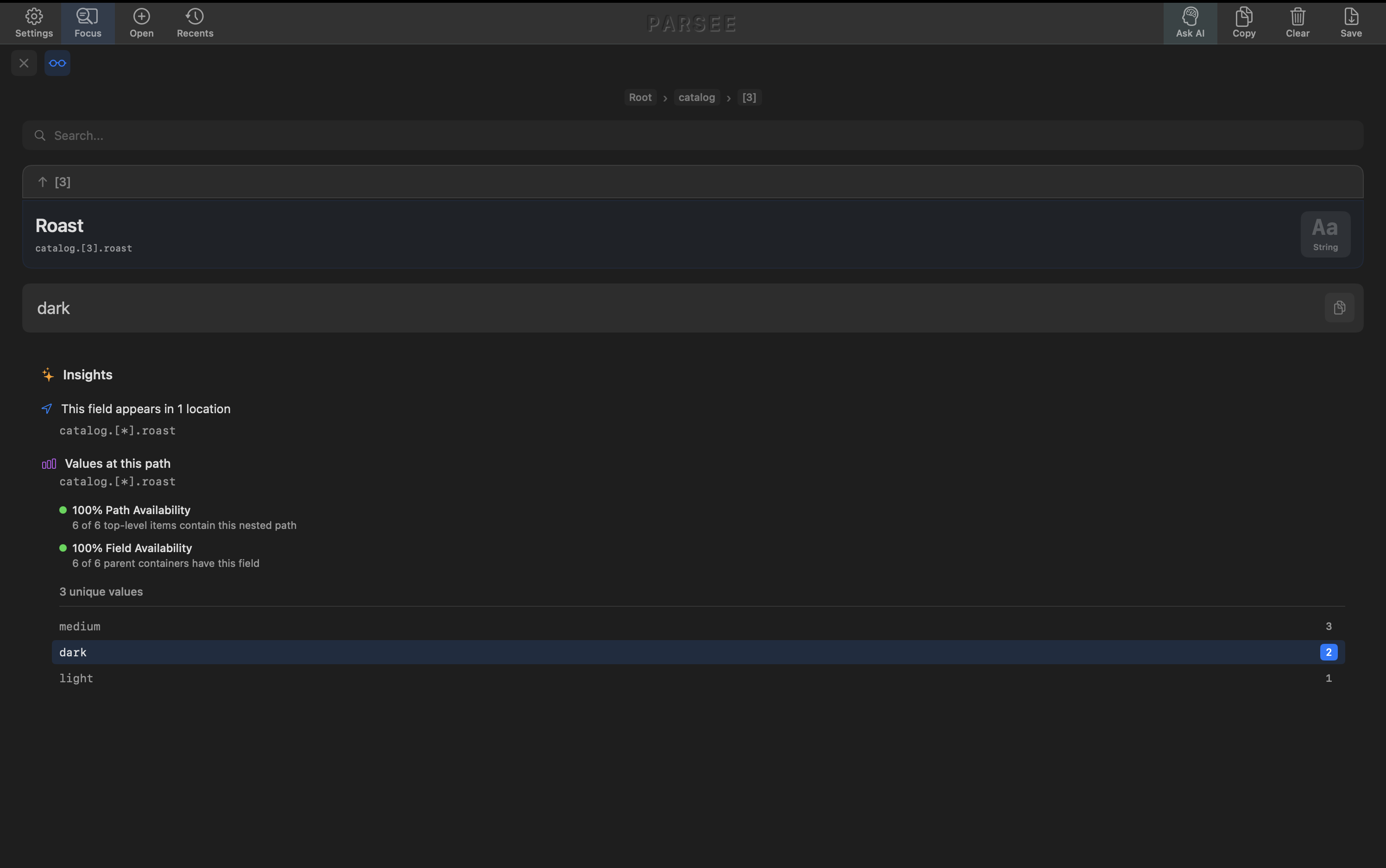 Parsee with the Insights panel open beside a JSON tree, showing a bar chart of value counts