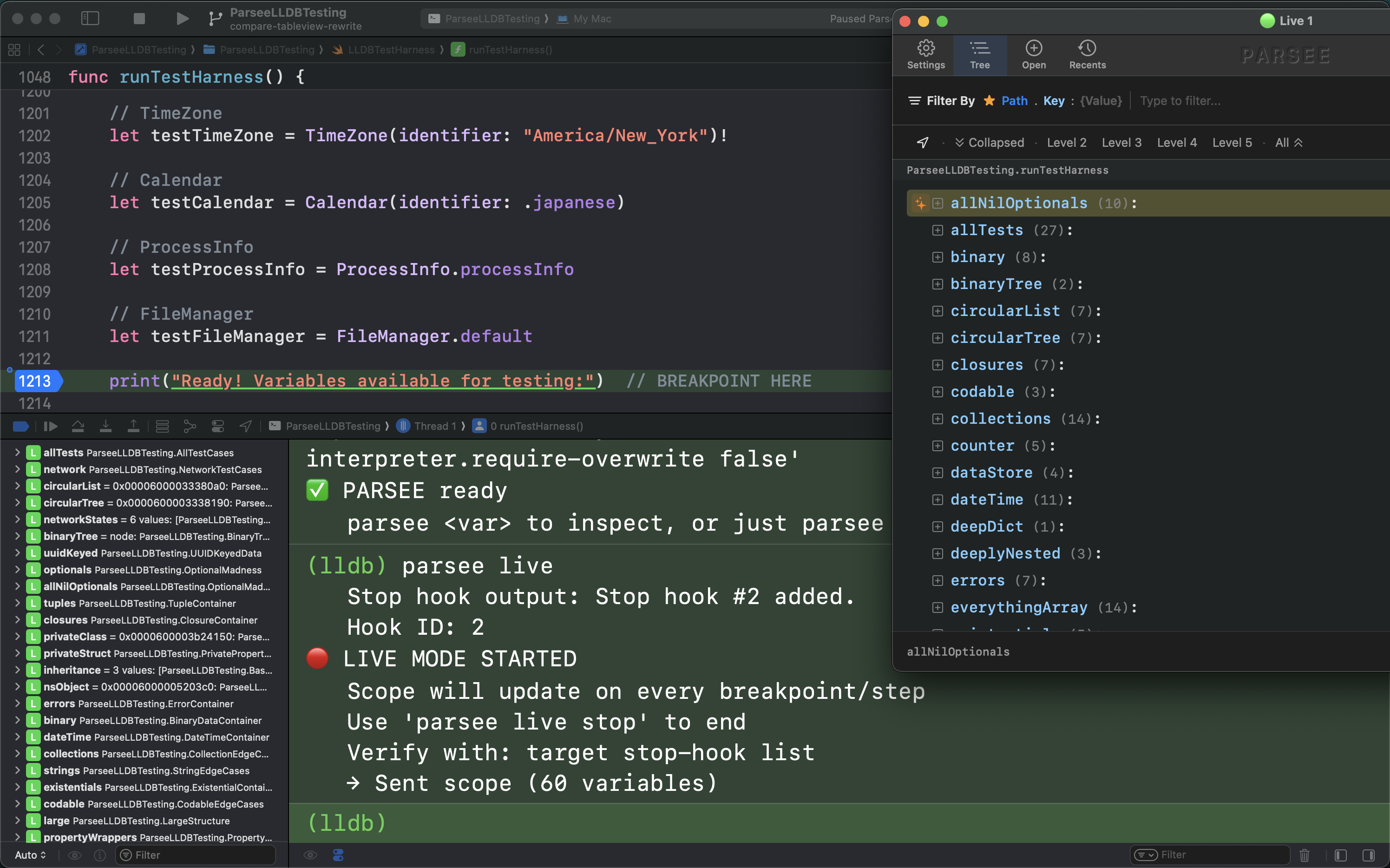 Xcode paused at a breakpoint with Parsee window beside it showing the variable contents