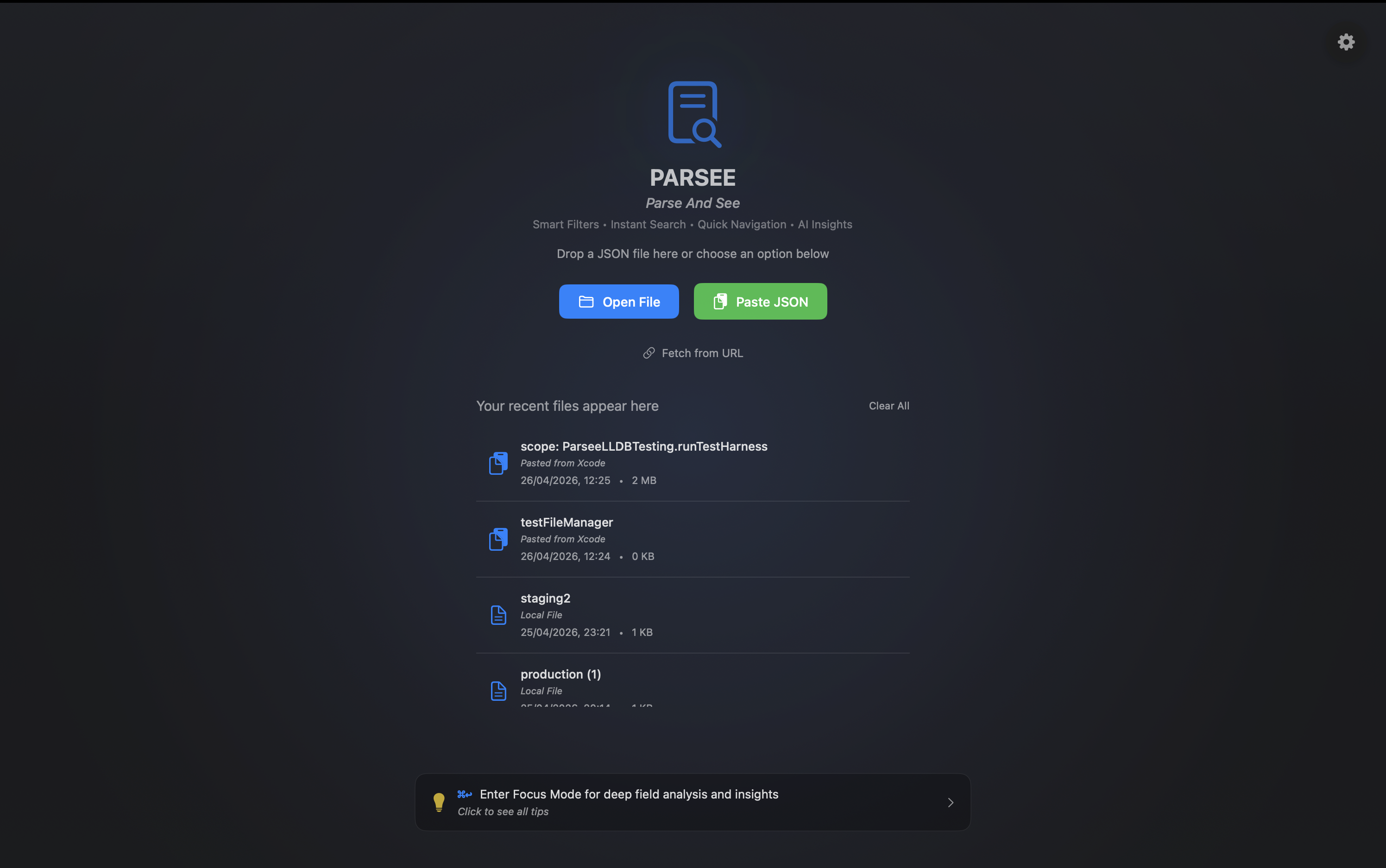 Parsee welcome window with options to open a file, paste JSON, or fetch from URL