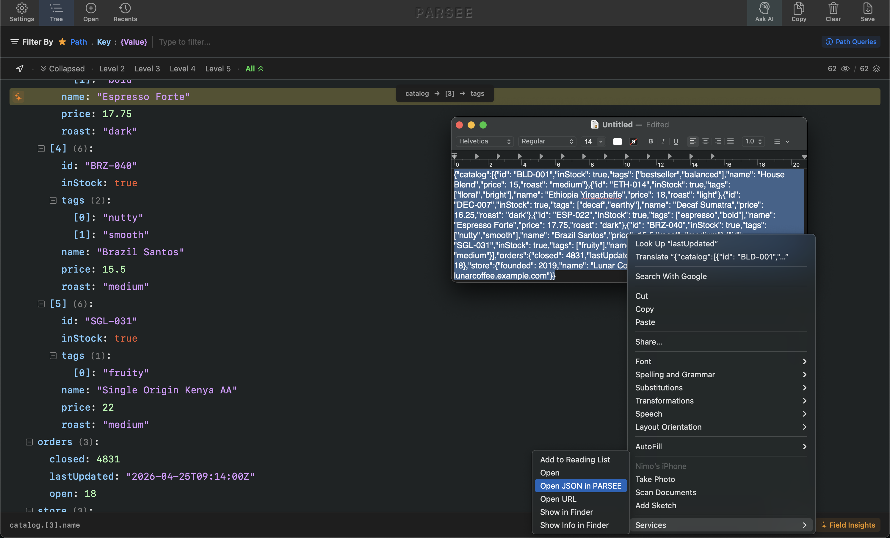 Parsee window beside a TextEdit window with selected JSON text and the right-click menu showing Open JSON in PARSEE