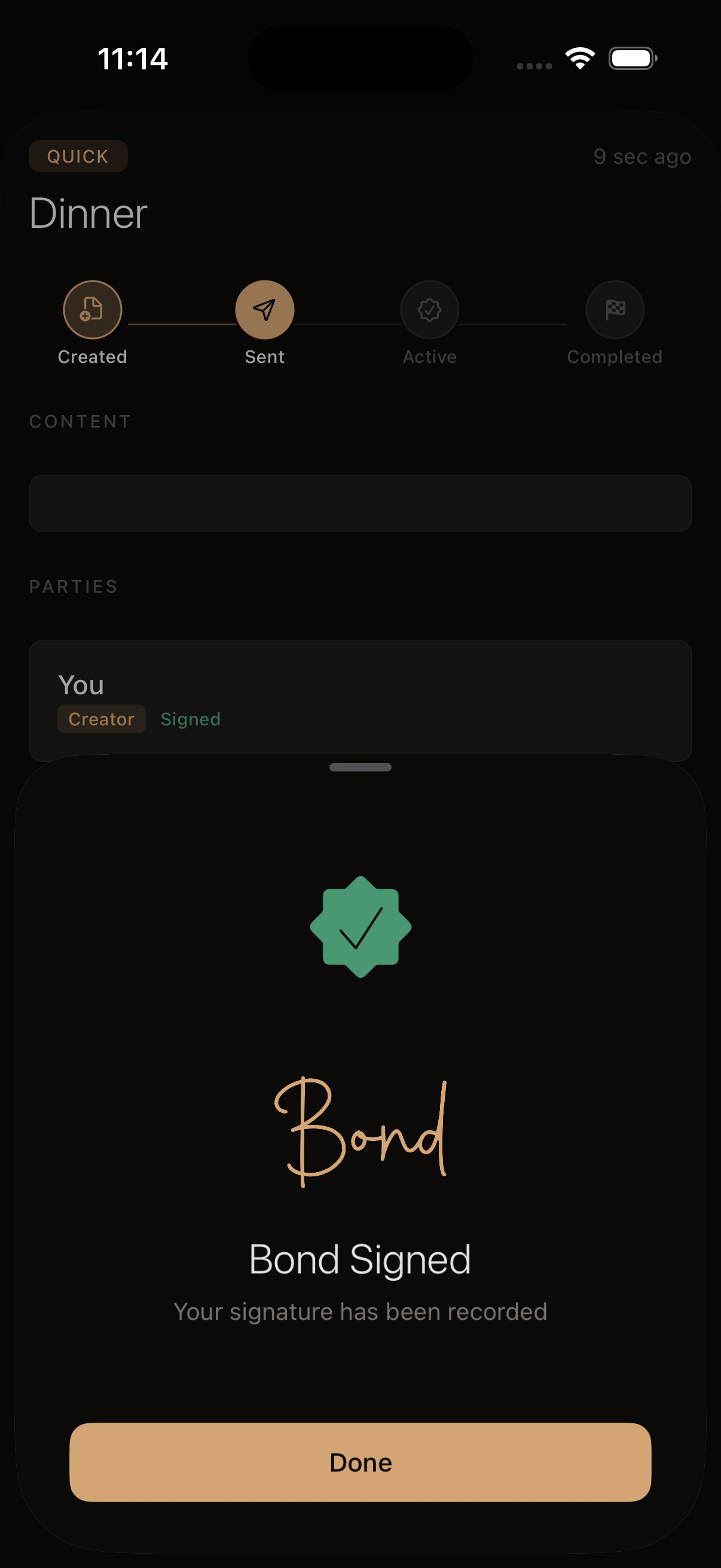Bond app showing a 'Dinner Bond' between Nimrod and David, with a 'Bond Signed' confirmation overlay.