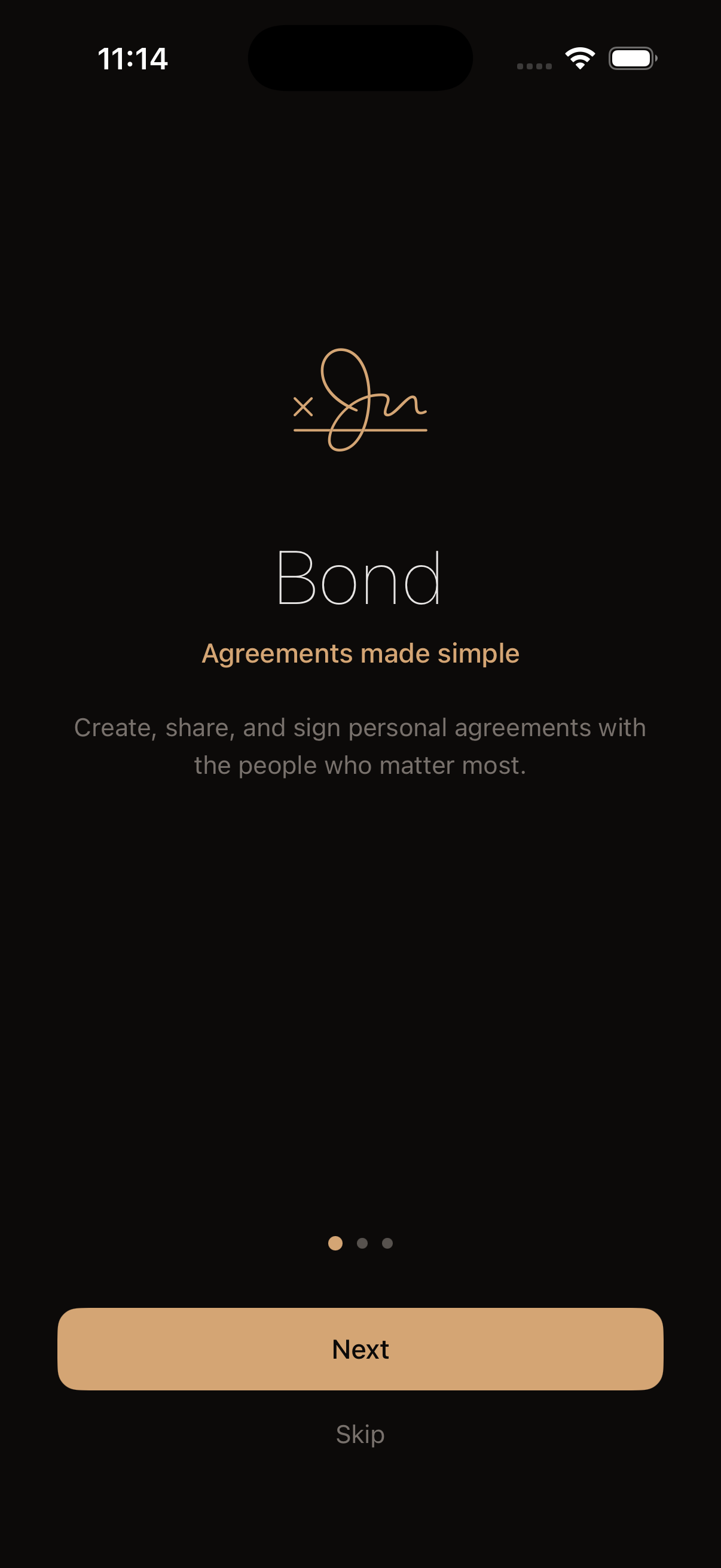 Bond app onboarding screen showing the cursive Bond signature mark and the headline 'Agreements made simple.'
