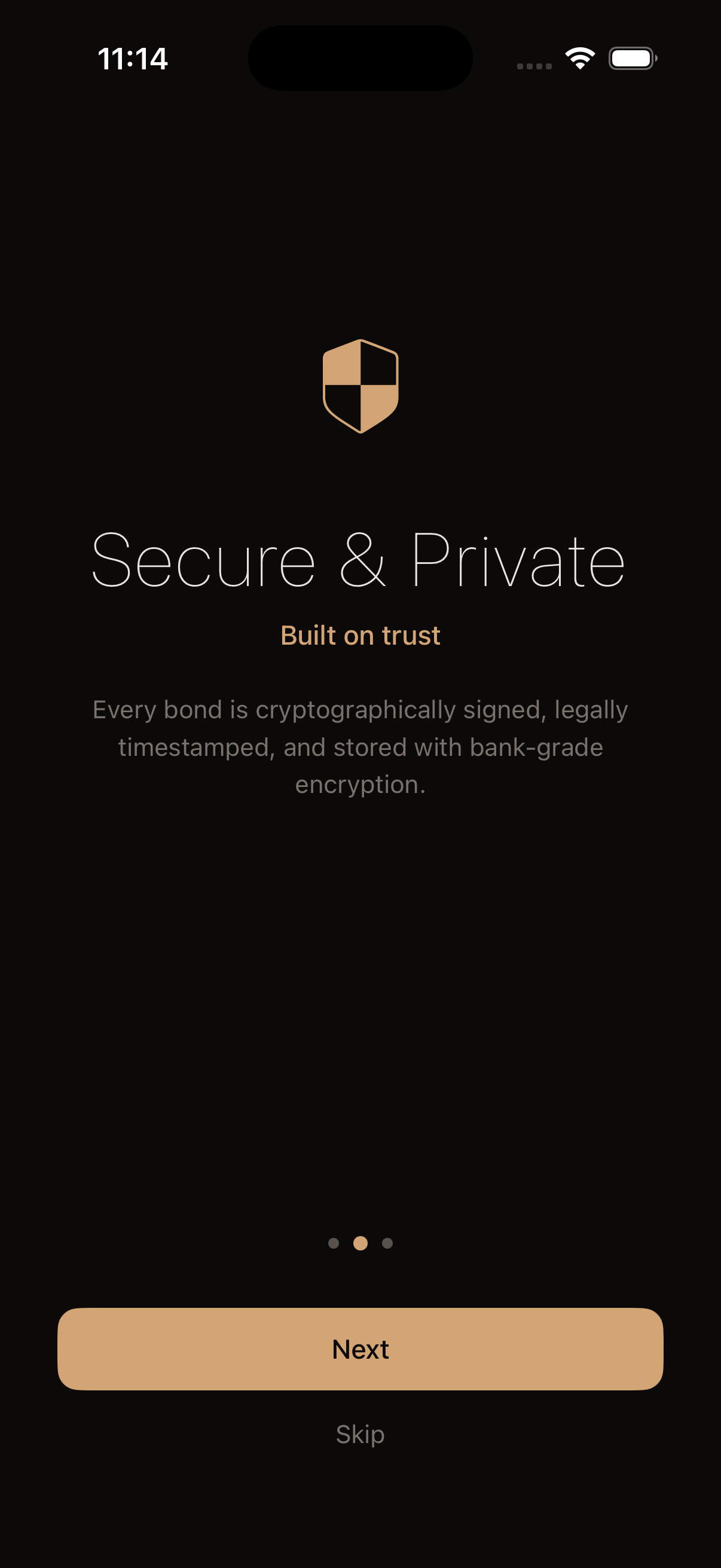 Bond app onboarding screen with a shield icon and the headline 'Secure & Private.'