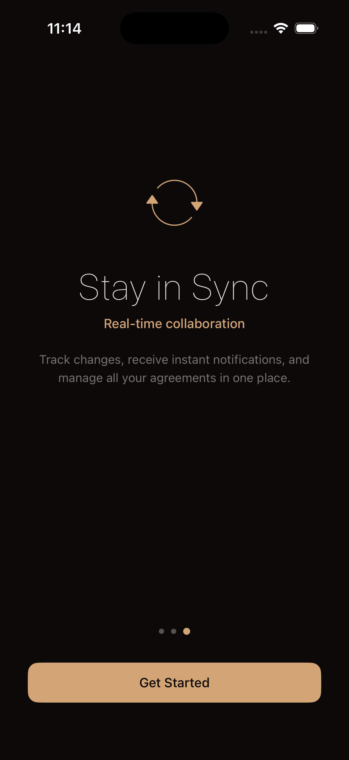 Bond app onboarding screen with a sync arrows icon and the headline 'Stay in Sync.'