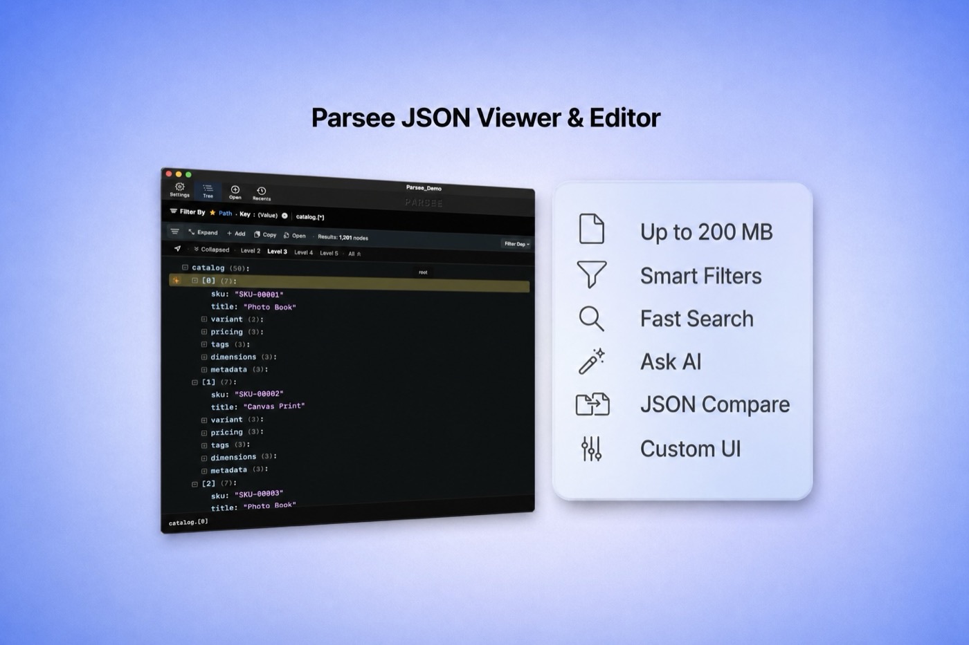 Parsee on the App Store: macOS window showing JSON tree, with feature list