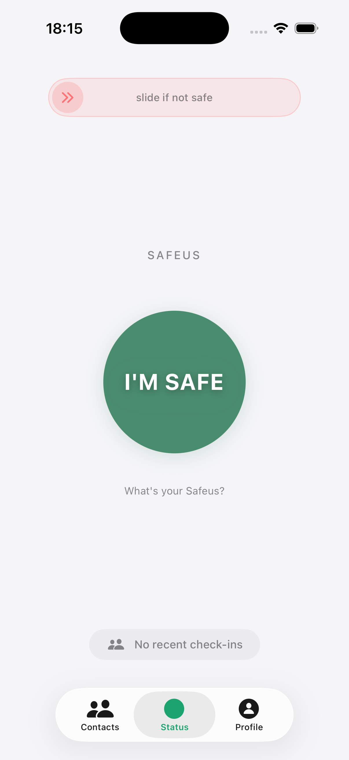 Safeus home screen showing the I'm Safe button