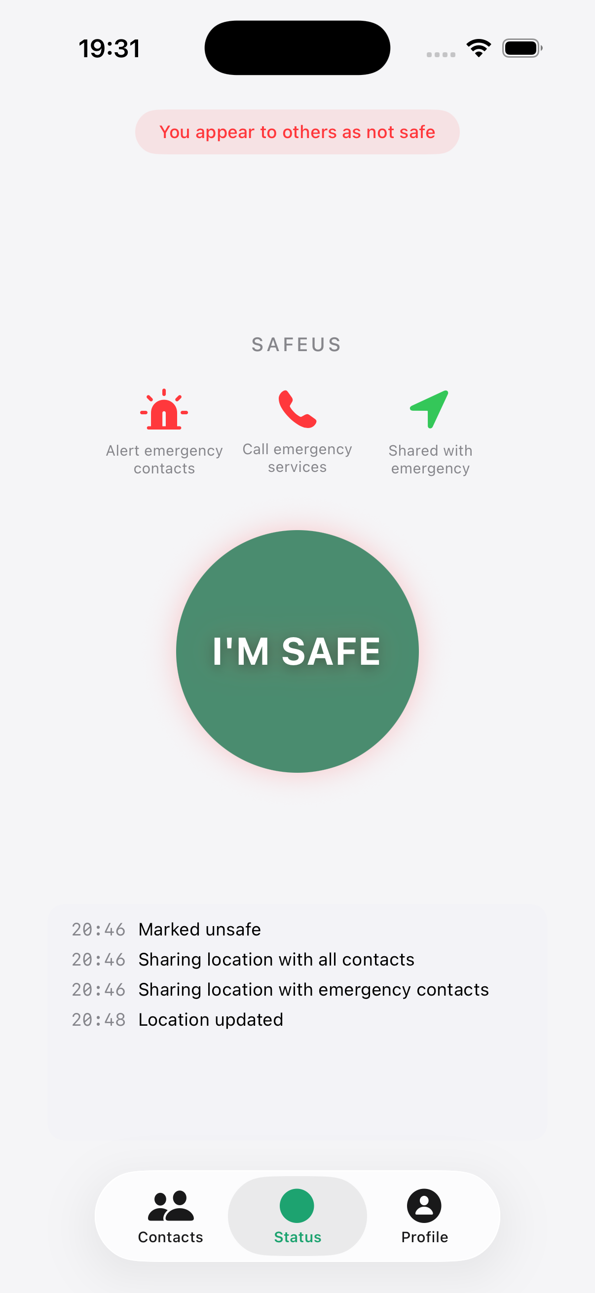 Safeus unsafe mode showing emergency actions and live activity log