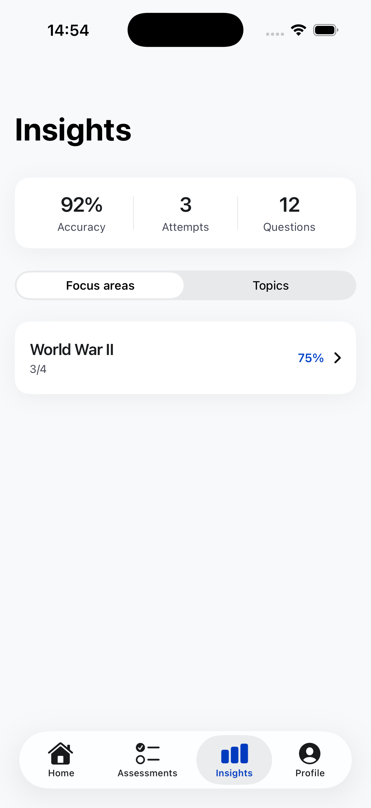 WisePath insights screen showing accuracy, attempts and focus areas