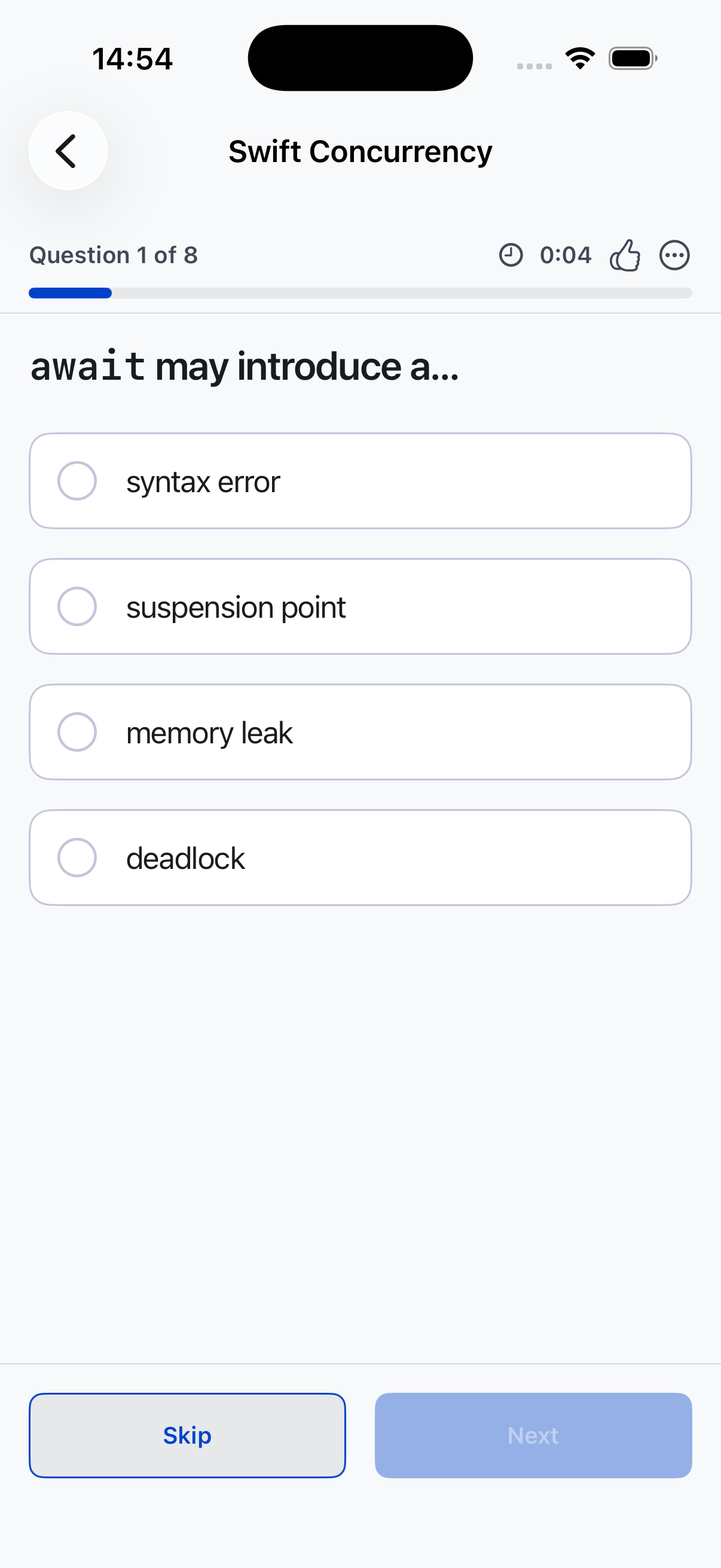 WisePath quiz screen showing a multiple-choice question with a progress bar
