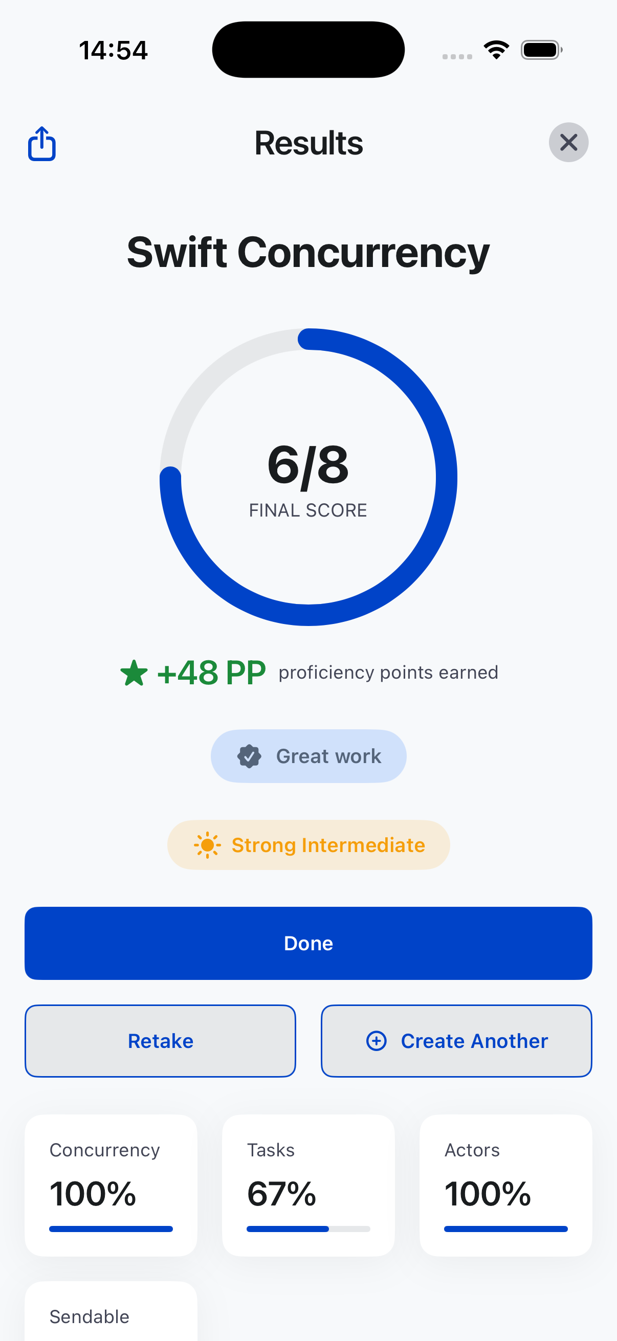 WisePath results screen showing a final score ring and proficiency points earned